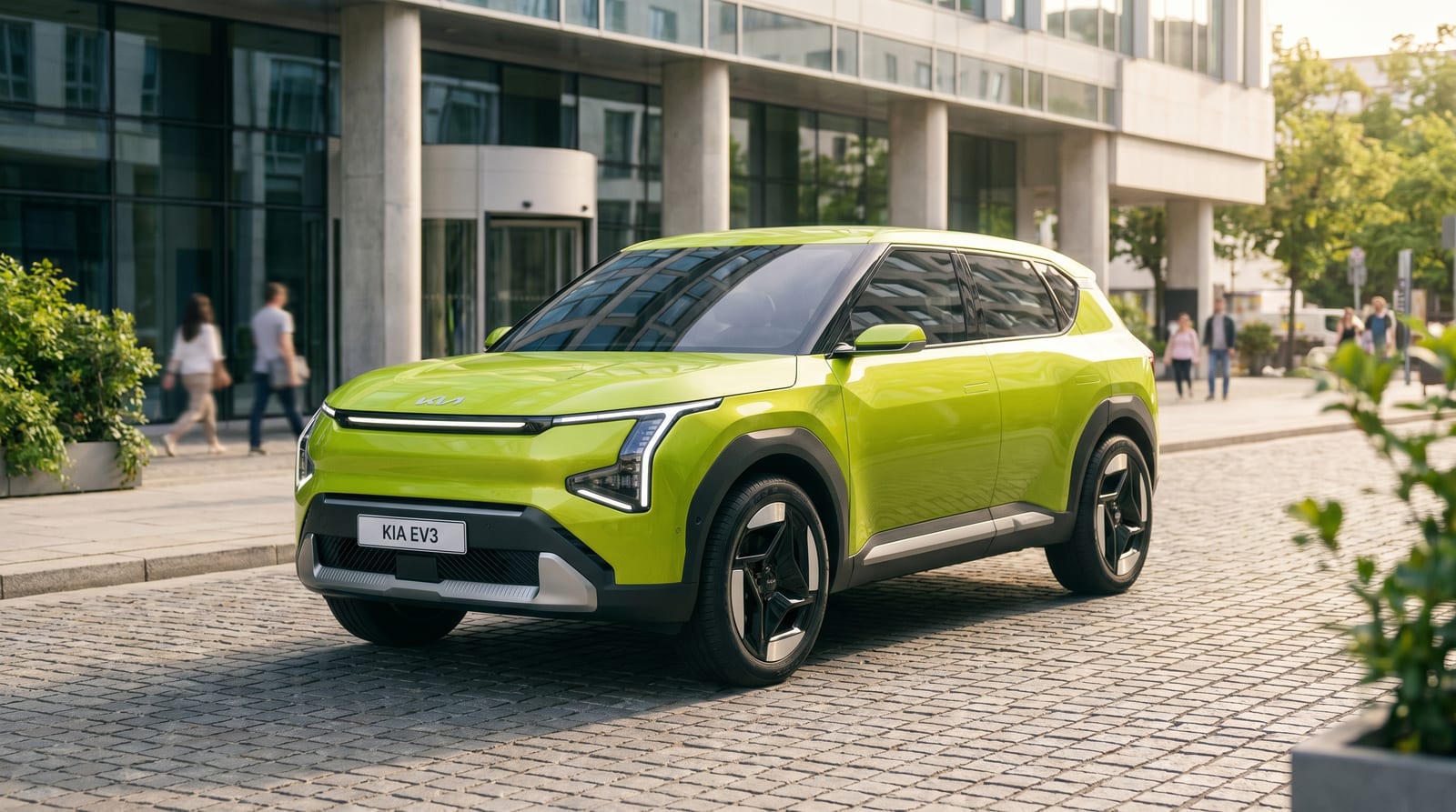 SUV electric compact Kia EV3 parcat pe o stradă urbană, văzut din profil în lumină naturală