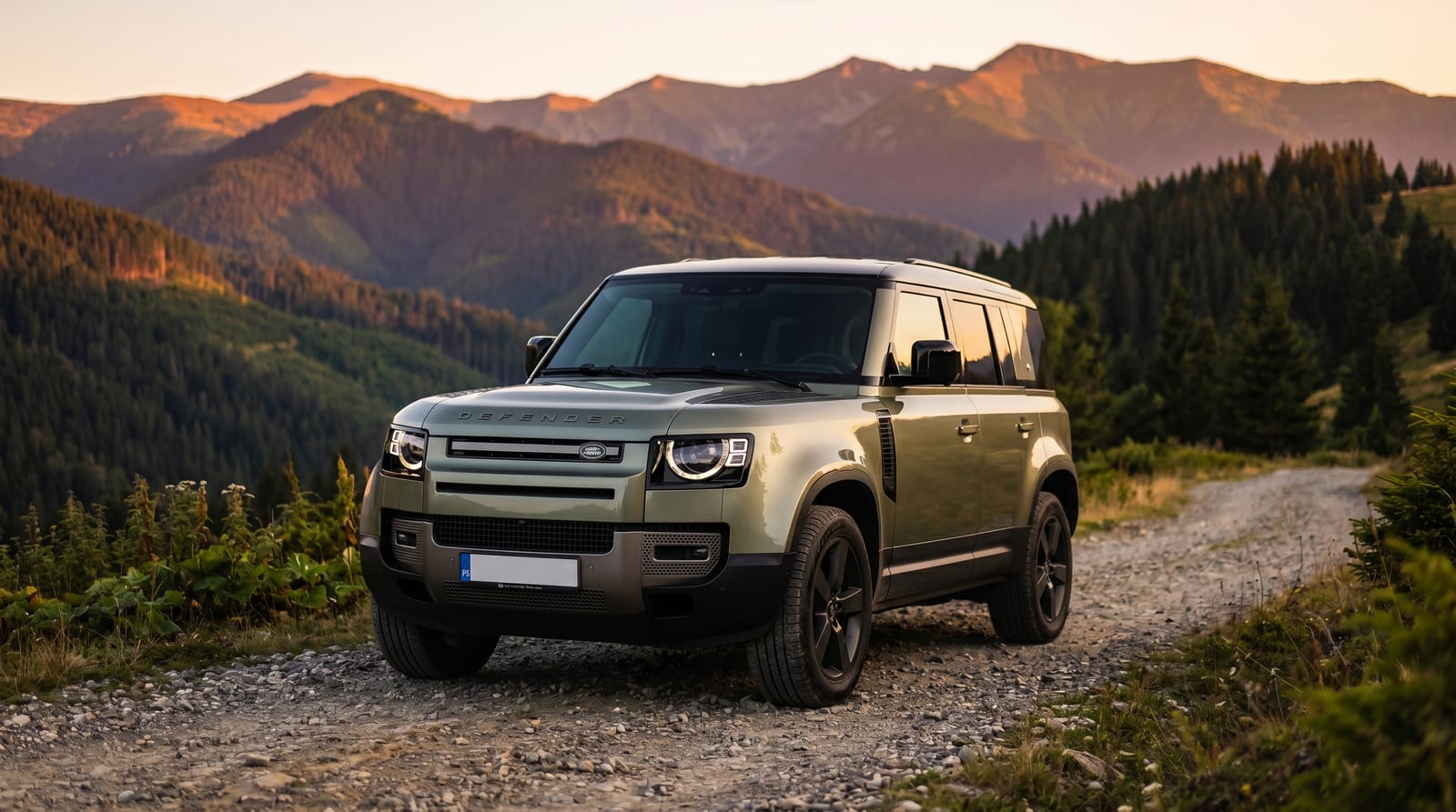 Land Rover Defender 110, vedere laterală, pe un drum de munte