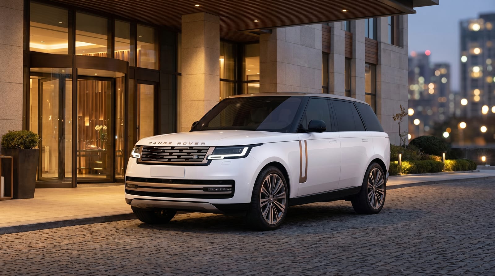 Range Rover în fața unei intrări premium de hotel, la apus