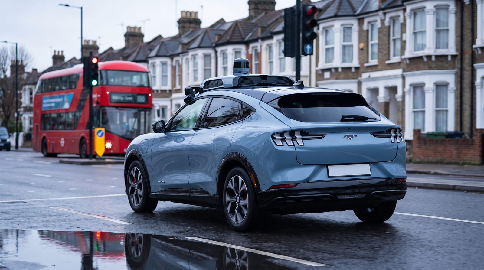 Ford Mustang Mach-E gri cu senzori de conducere autonomă montați pe plafon, oprit pe o stradă din Londra lângă un autobuz roșu