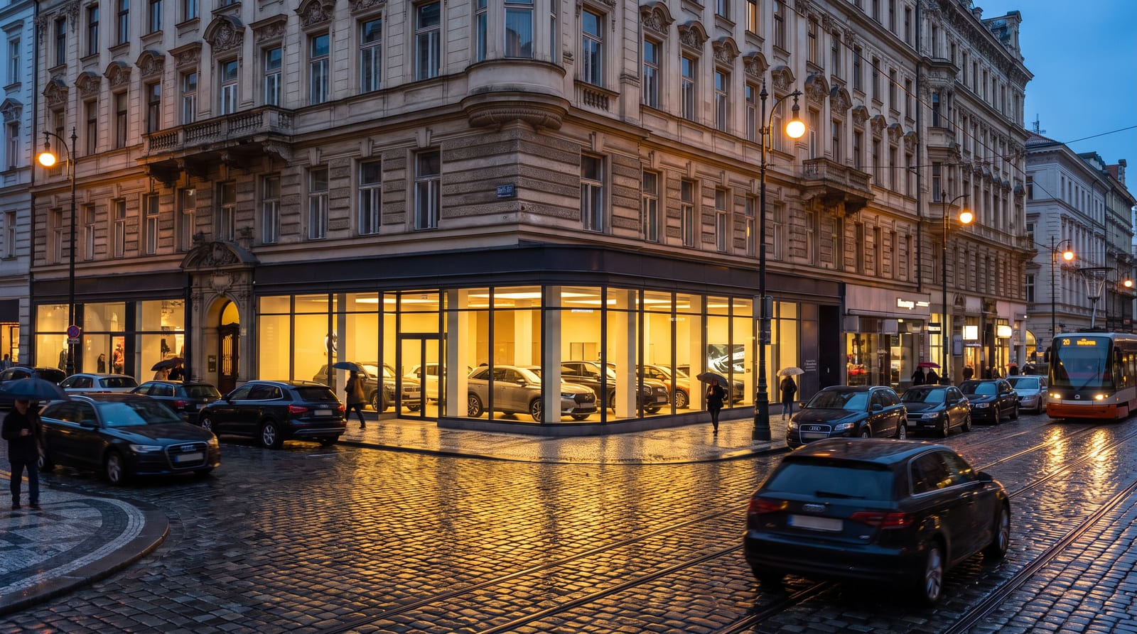 Showroom auto luminat la colțul unei străzi europene cu arhitectură clasică, seara, cu pavaj ud care reflectă luminile