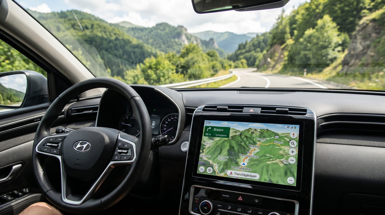 O imagine din perspectiva postului de conducere al unei mașini chinezești moderne, cu ecranul central afișând sistemul de navigație pe drumurile din România