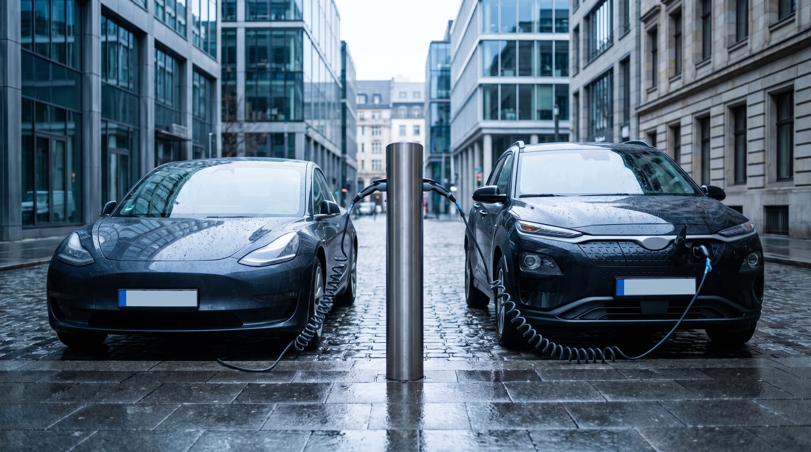 Două mașini electrice la o stație de încărcare publică pe o stradă europeană, cabluri conectate, lumină rece