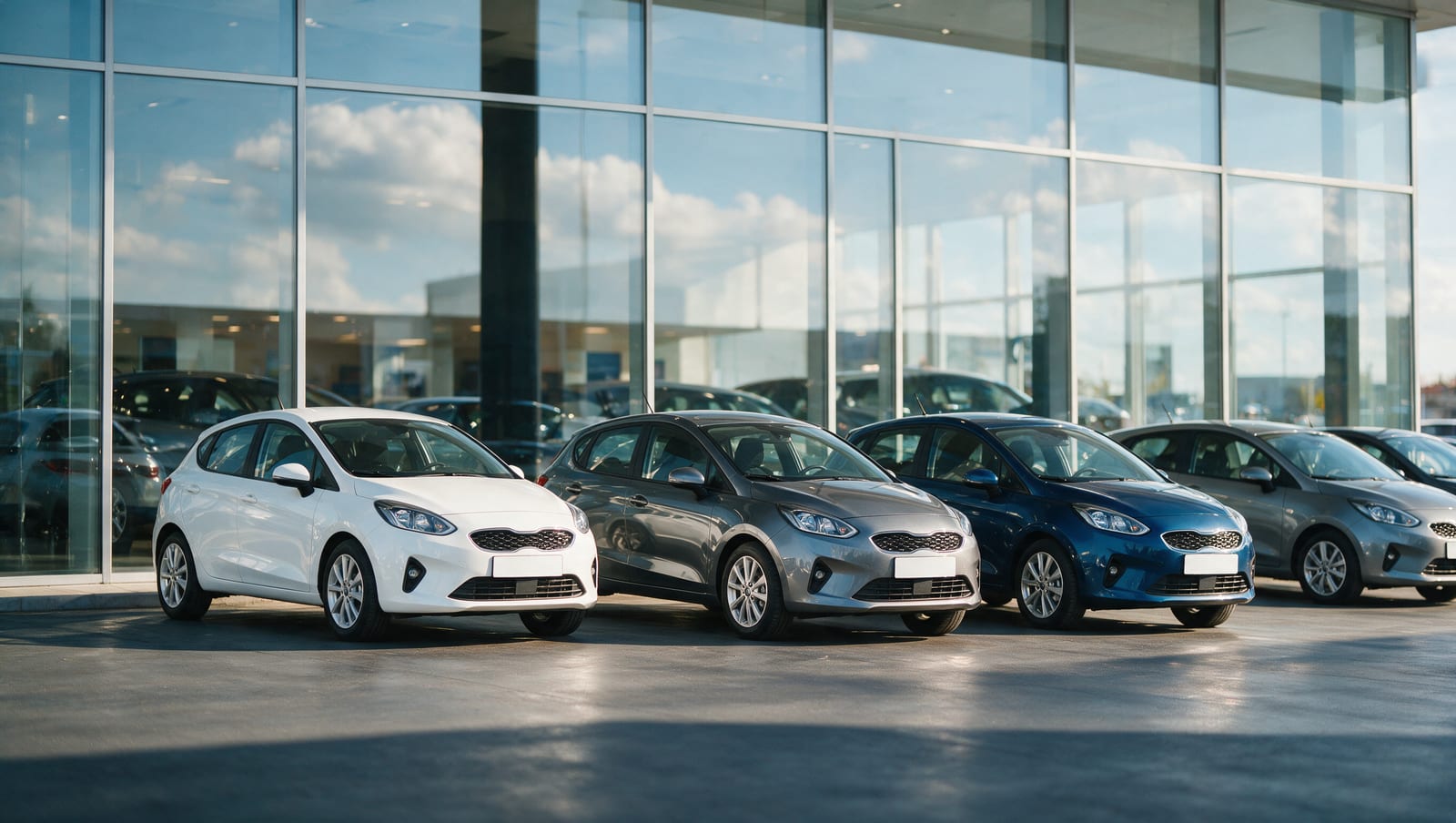 Șir de mașini mici noi aliniate în fața showroomului cu fațadă de sticlă al unui dealer auto