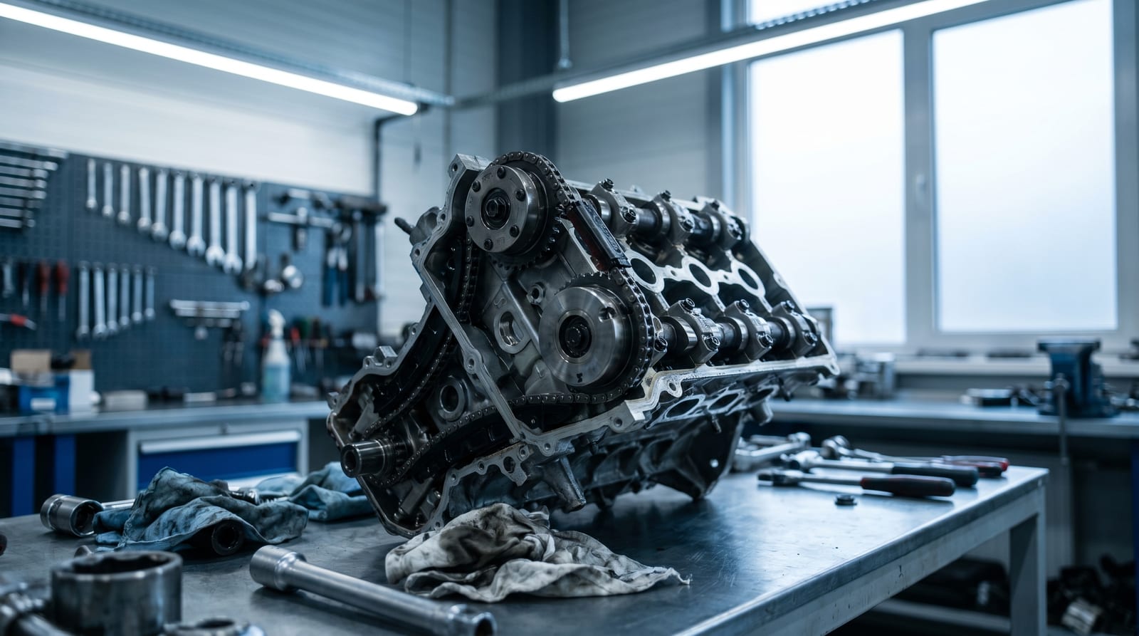 Motor de mașină dezasamblat pe bancul unui service auto, cu lanțurile de distribuție expuse pentru inspecție