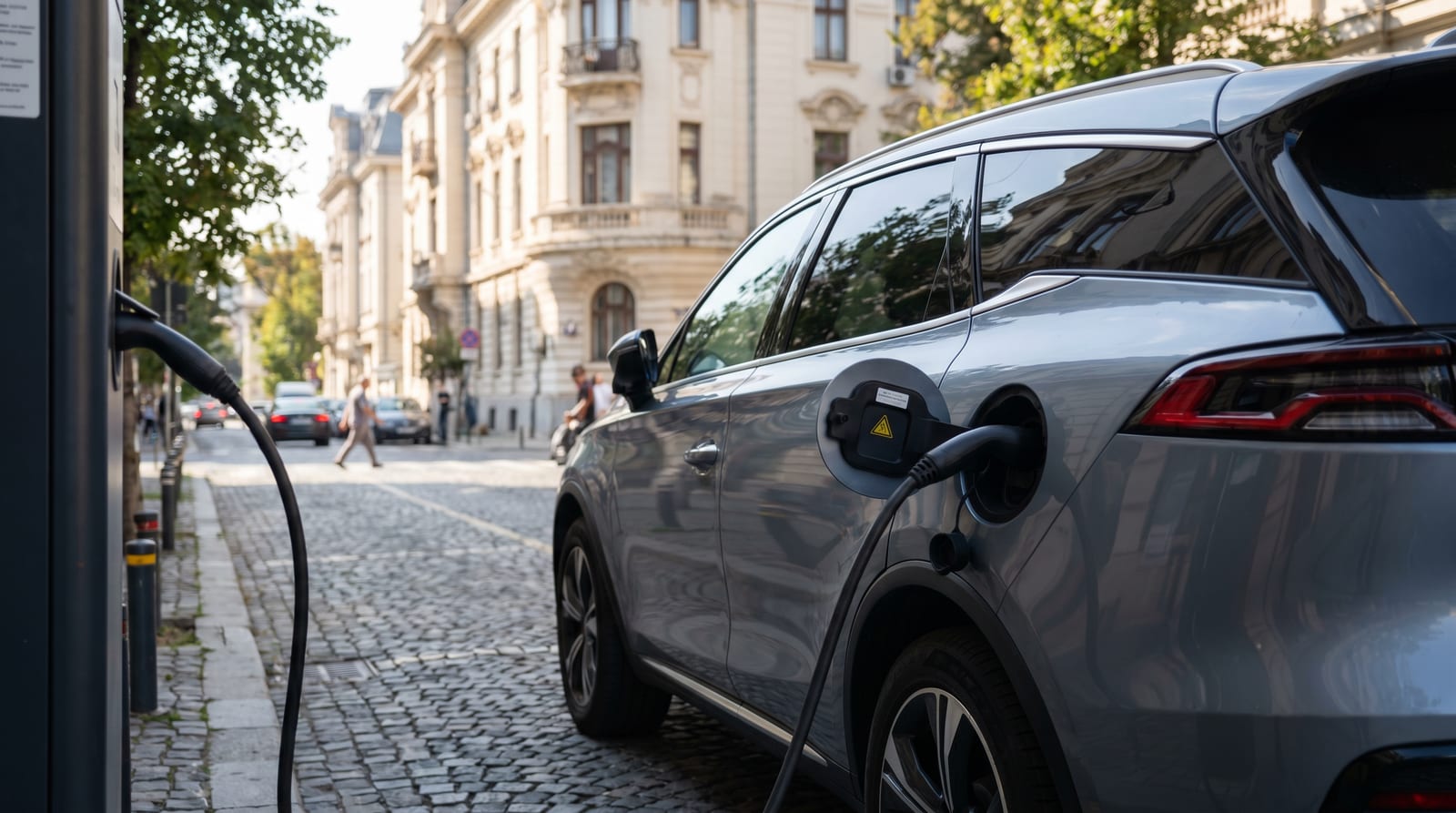 O mașină electrică chinezească modernă, parcată pe o stradă din România, conectată la o stație de încărcare