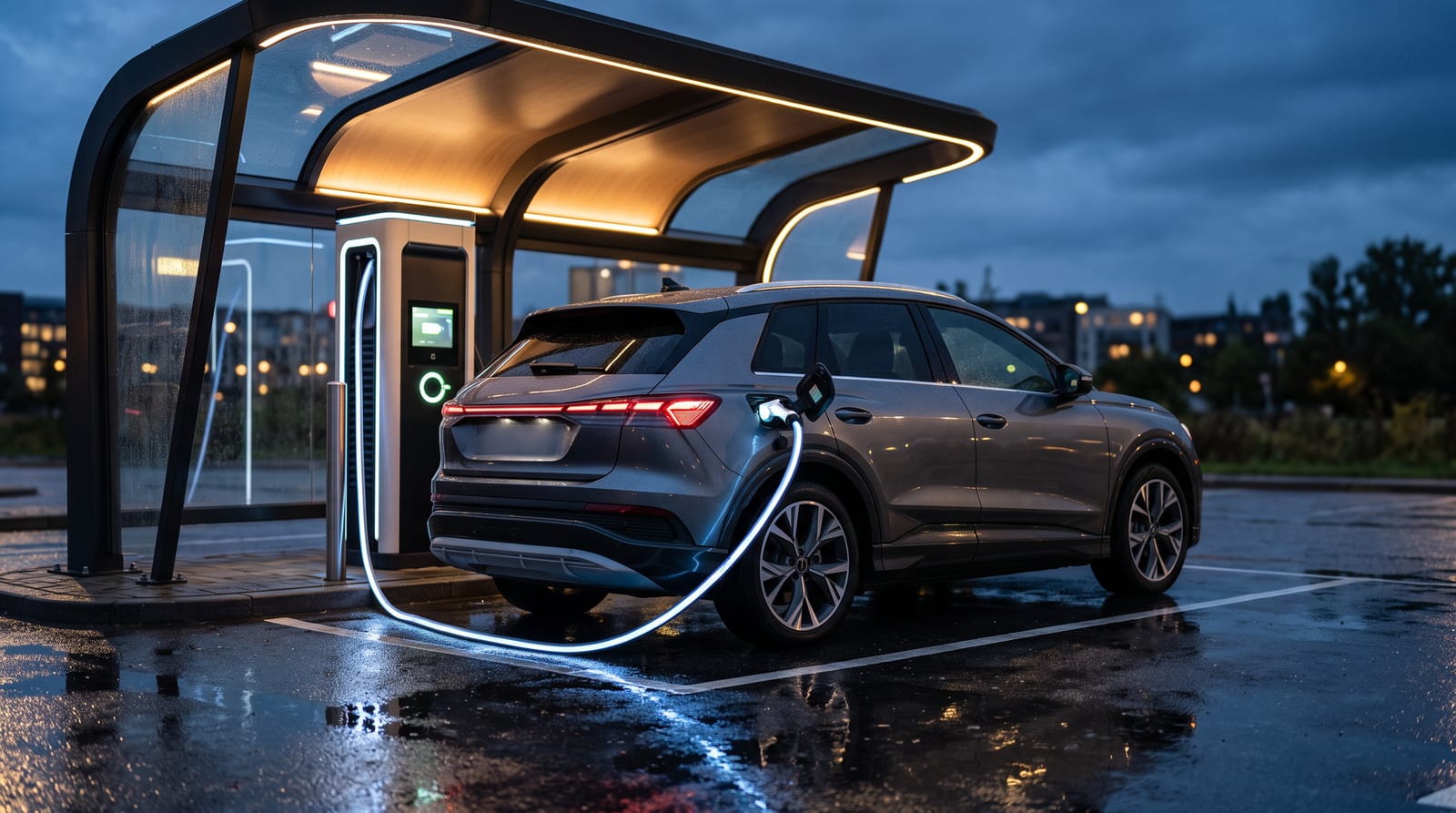 SUV electric premium conectat la o stație de încărcare rapidă sub o copertină modernă, la amurg, cu reflexii pe asfaltul ud