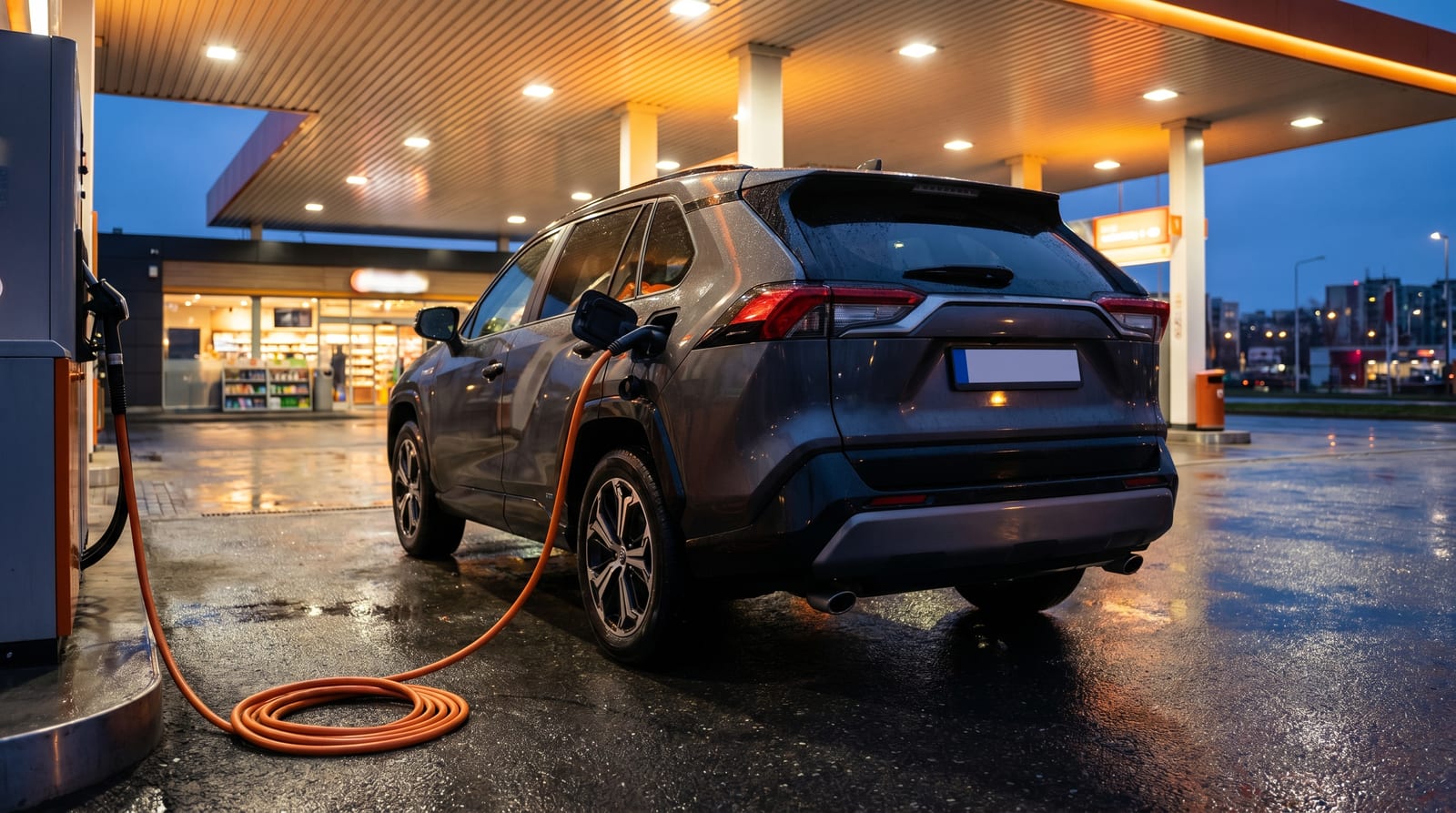 SUV plug-in hybrid cu un cablu de încărcare desfășurat lângă pompa de benzină, la o stație în amurg