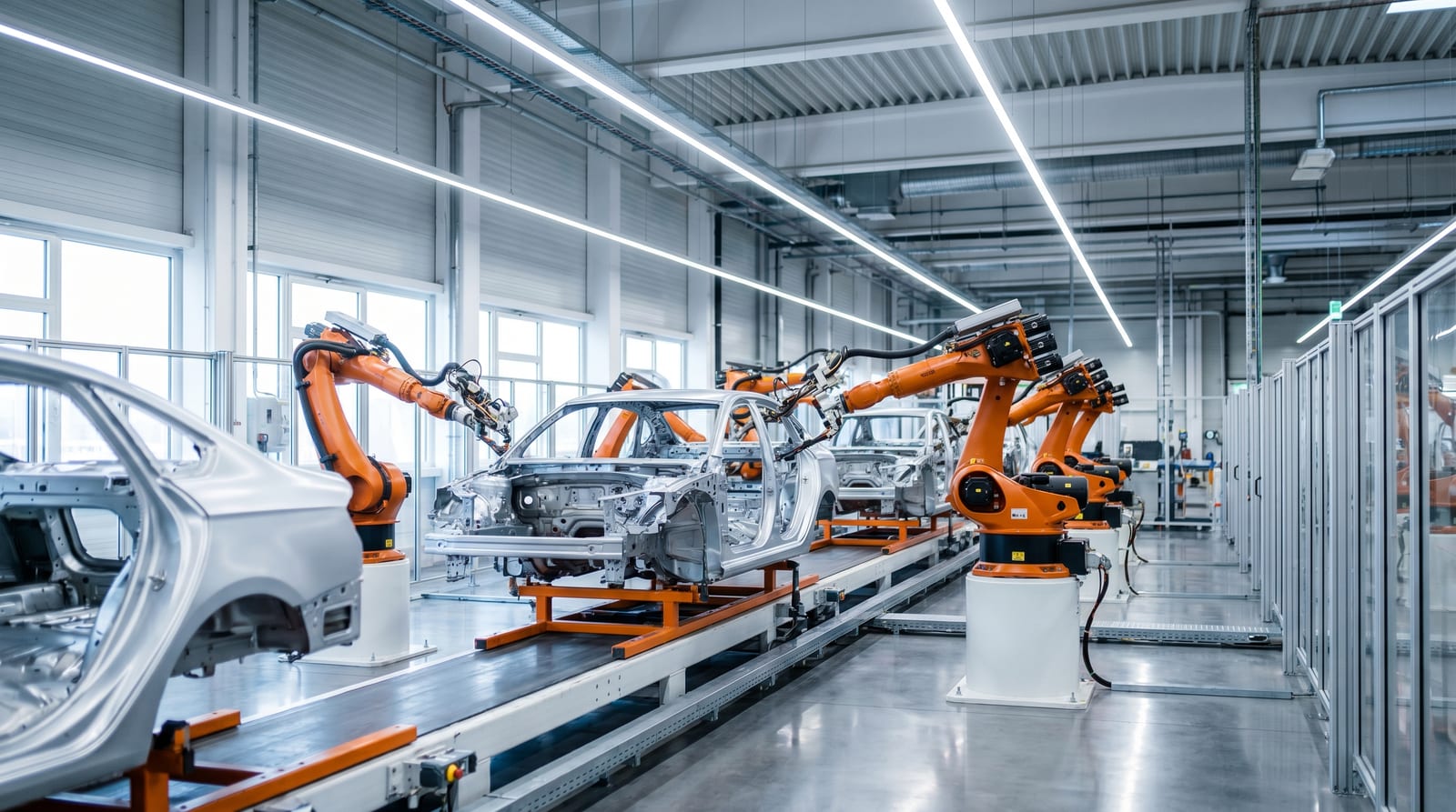 Hală modernă de asamblare auto cu brațe robotizate lucrând pe caroserii pe linia de producție