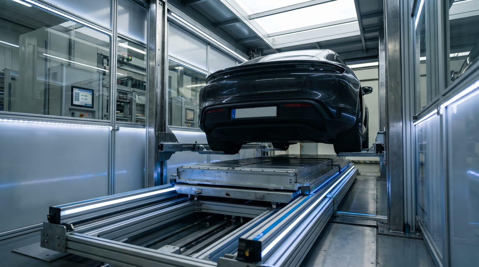 Stație automată de schimbare a bateriei la o mașină electrică premium, cu mecanismul robotizat și pachetul de baterii pe șine