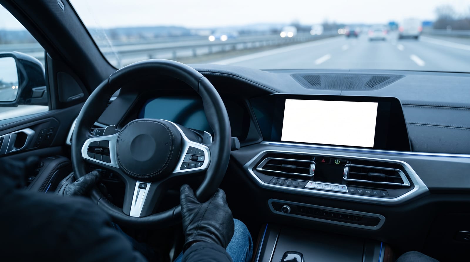 Volan și ecran digital de bord ale unei mașini moderne pe autostradă, lumină de zi