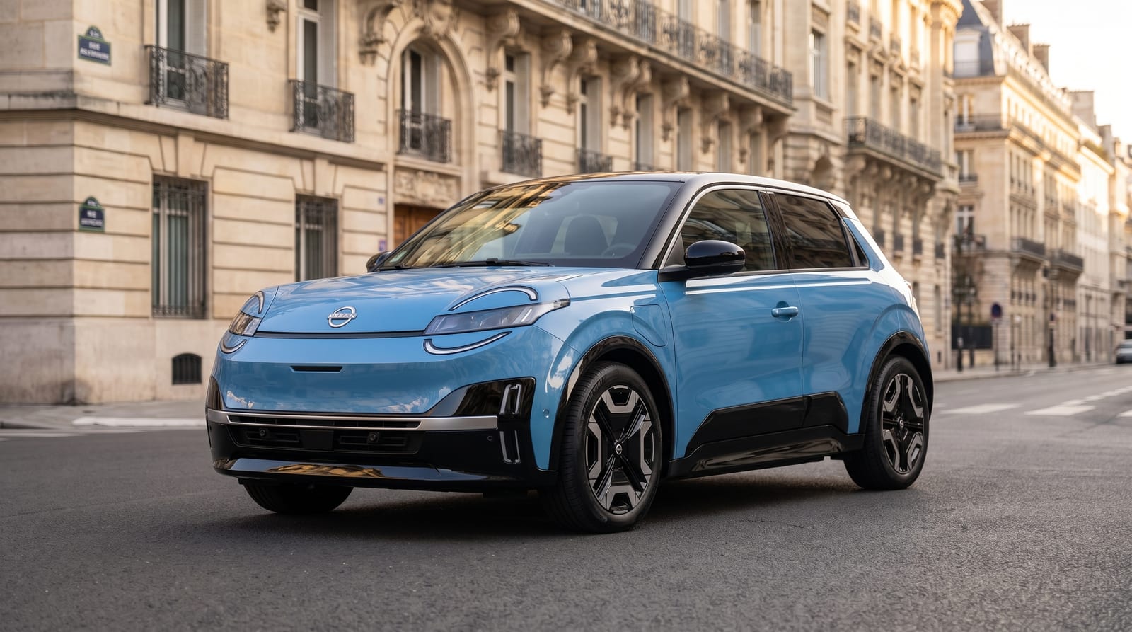 Nissan Micra electrică albastră cu plafon negru, cu farurile rotunde LED specifice, parcată pe o stradă urbană europeană