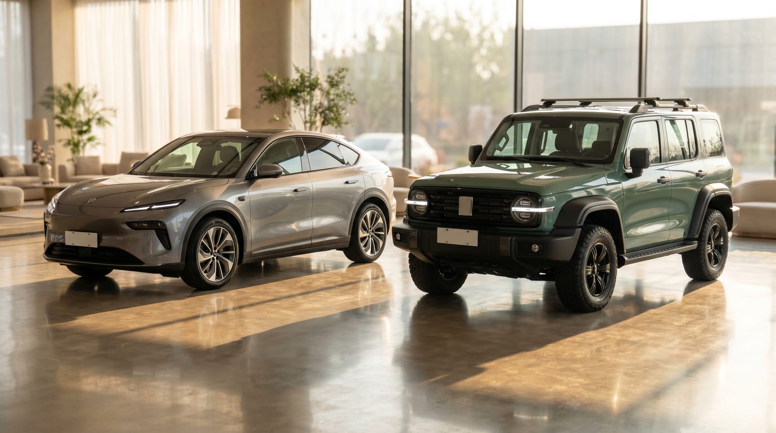 Un SUV urban cu linie de coupe lângă un SUV robust de off-road, într-un showroom premium și luminos