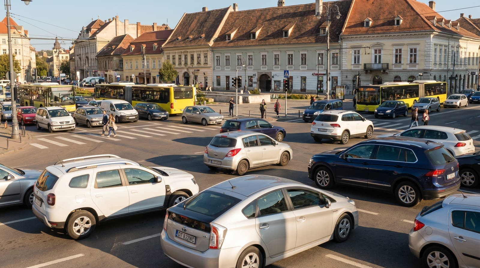 Trafic auto intens într-un oraș din România, văzut de sus, reflectând diversitatea pieței auto