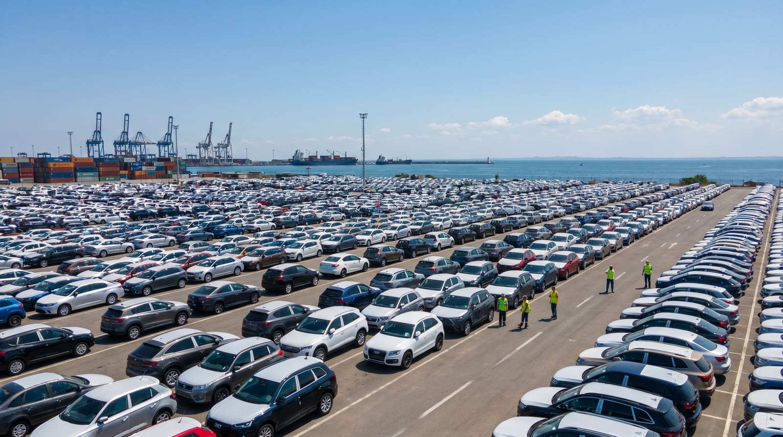 O parcare mare de mașini noi într-un port românesc, gata de livrare către dealeri, sub un cer senin de vară în 2026