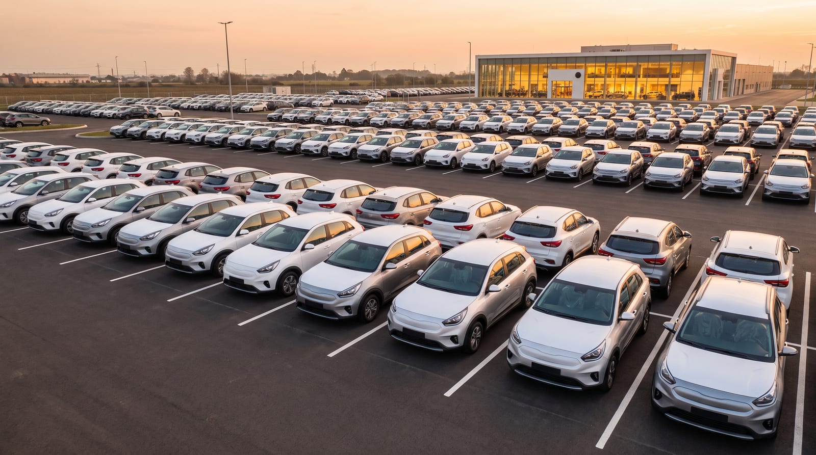 Parc de dealer auto cu mașini noi aliniate sub cerul de vară, văzut de sus