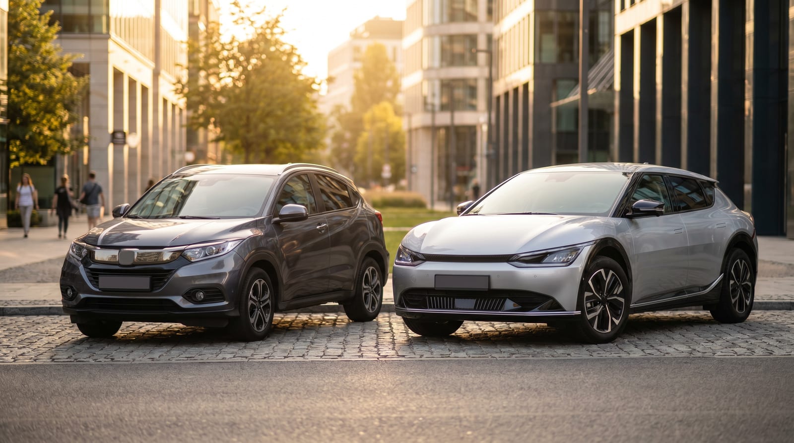 Un crossover compact accesibil lângă un crossover electric modern, pe o stradă urbană în lumină caldă de seară