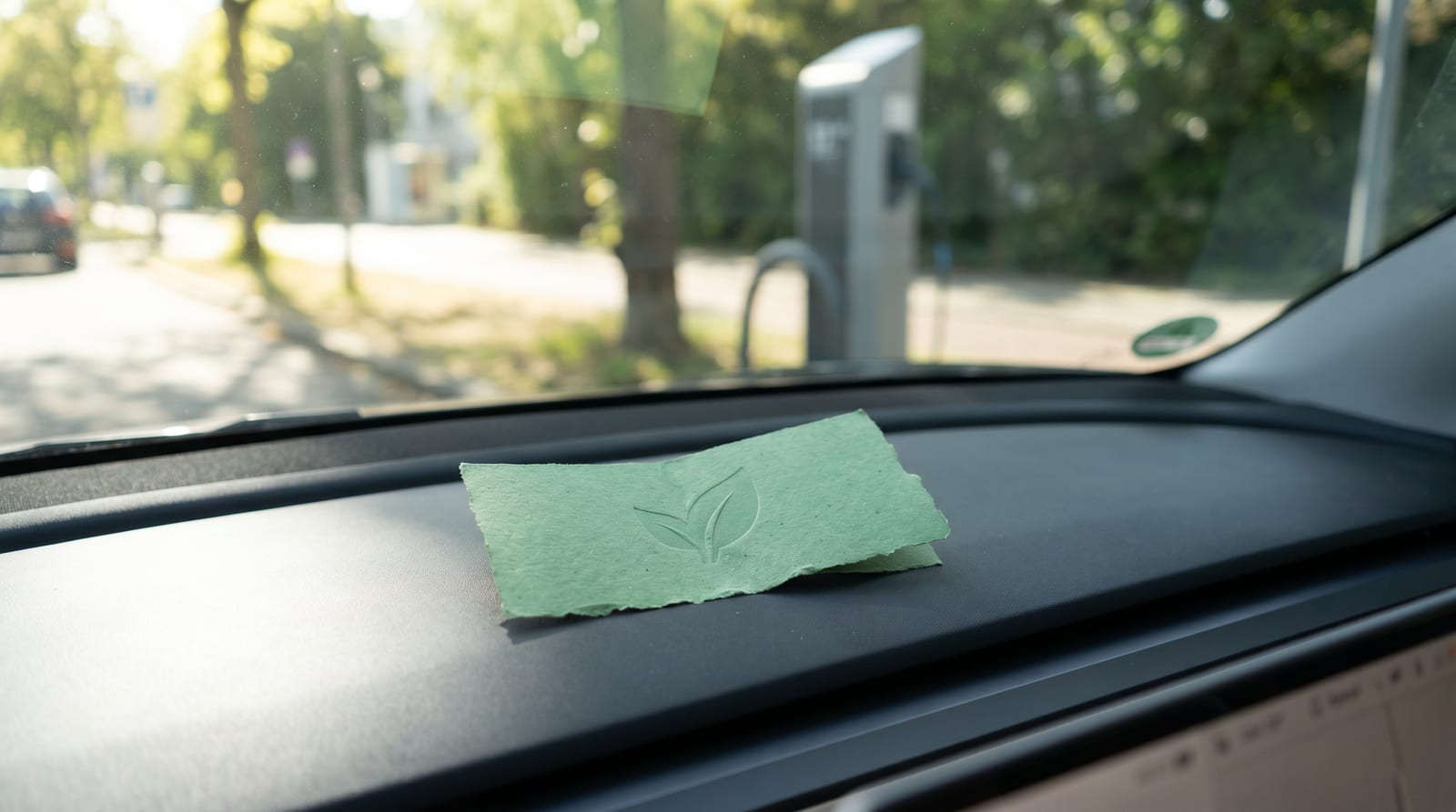 Voucher eco sau document de subvenție plasat pe bordul unei mașini electrice moderne