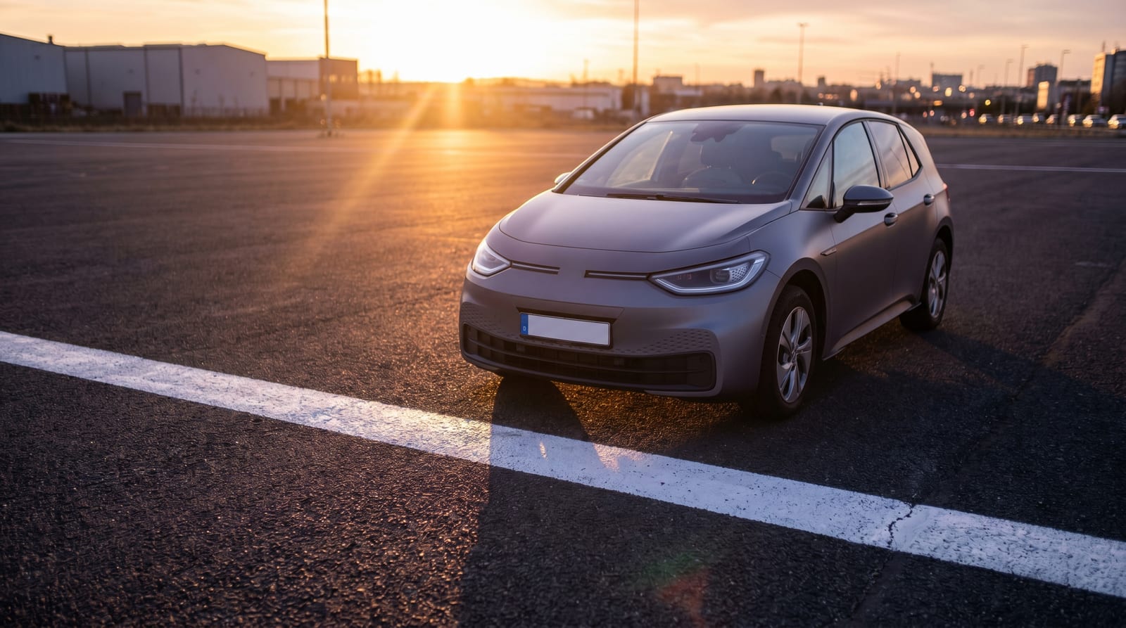 Mașină electrică mică de oraș rămasă în afara unei linii albe trasate pe asfalt, în lumina apusului, simbol pentru excluderea de la subvenția Rabla