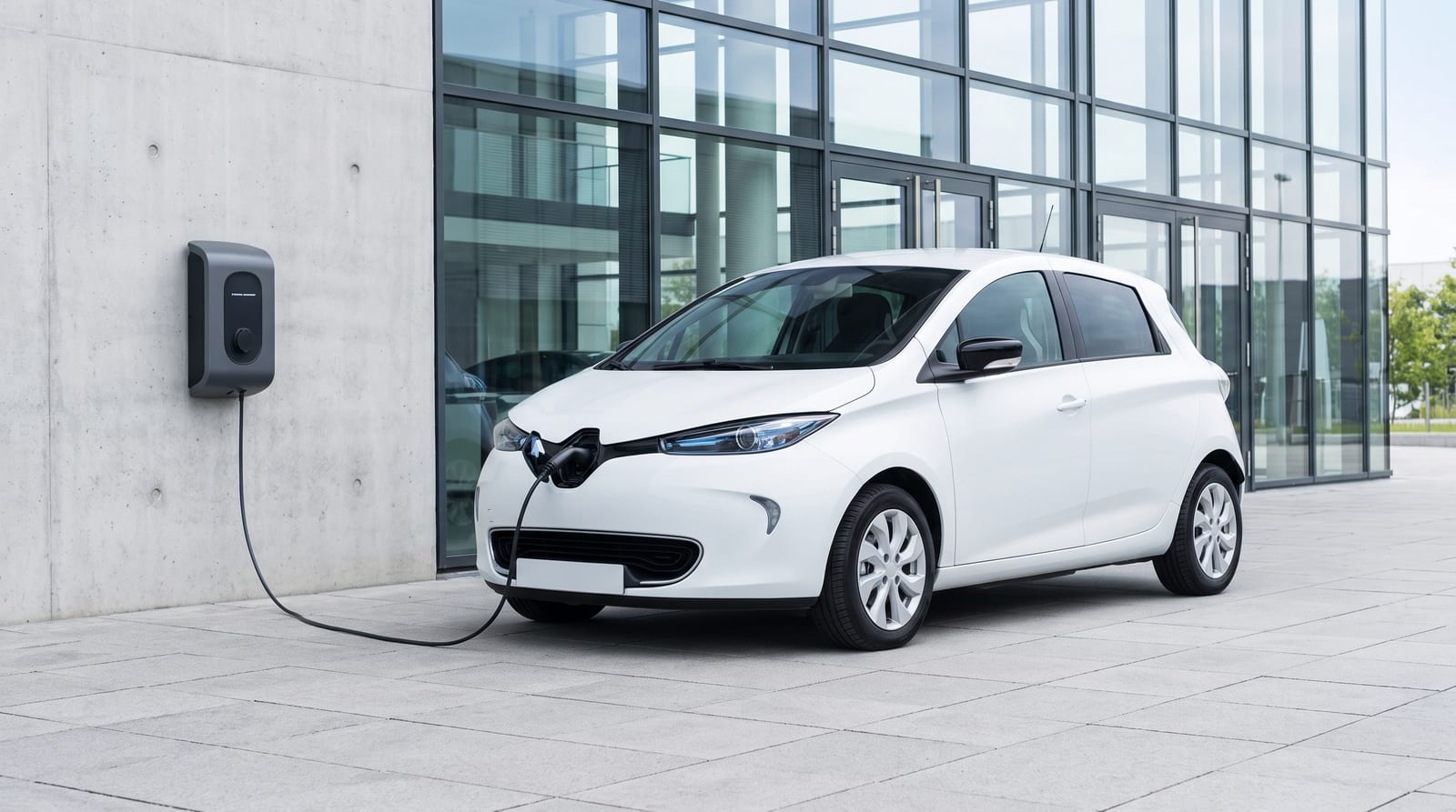 Mașină electrică albă conectată la o stație de încărcare în fața unui showroom, într-o dimineață senină