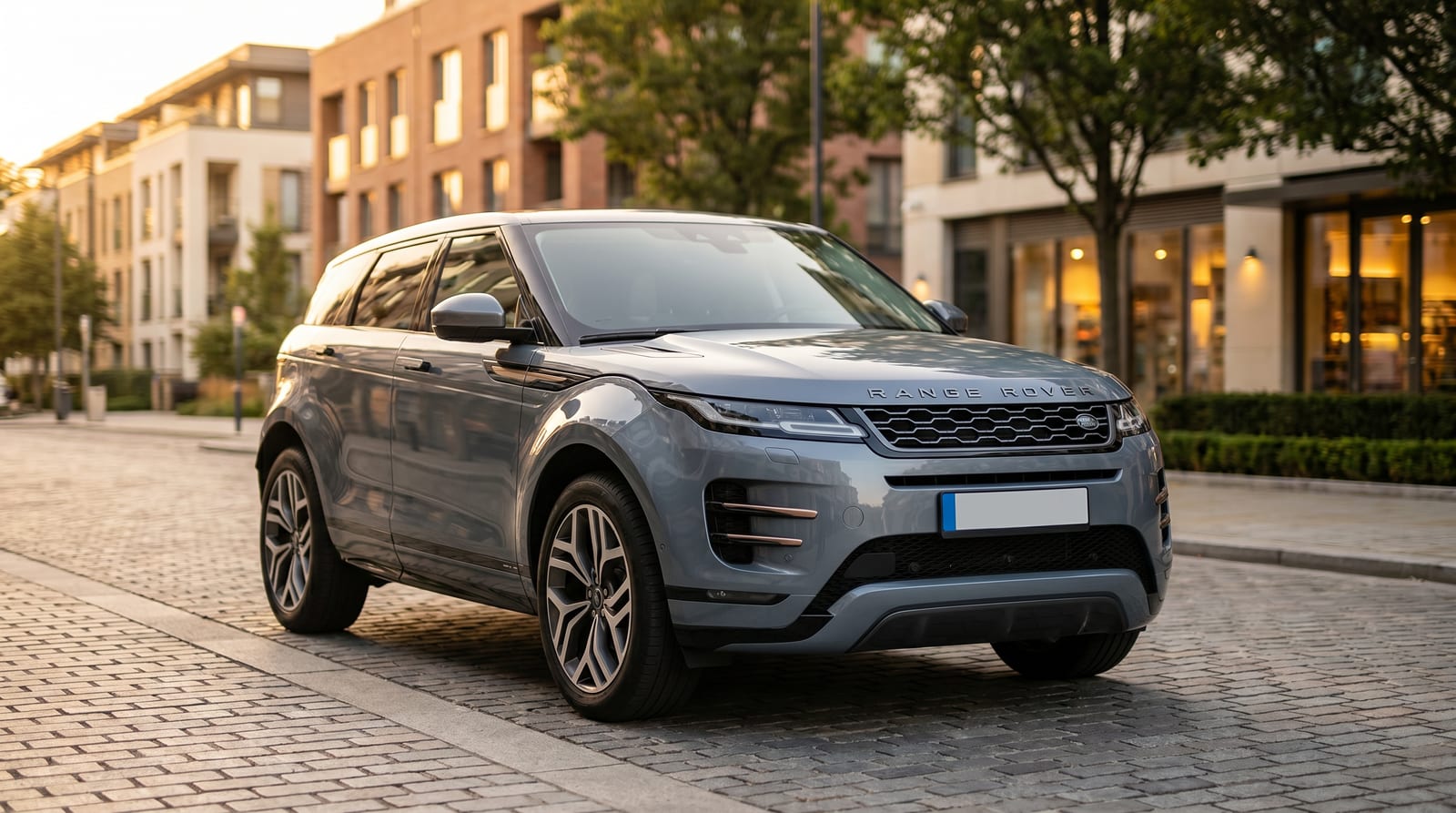 Range Rover Evoque, vedere din lateral-față, pe o stradă urbană la apus