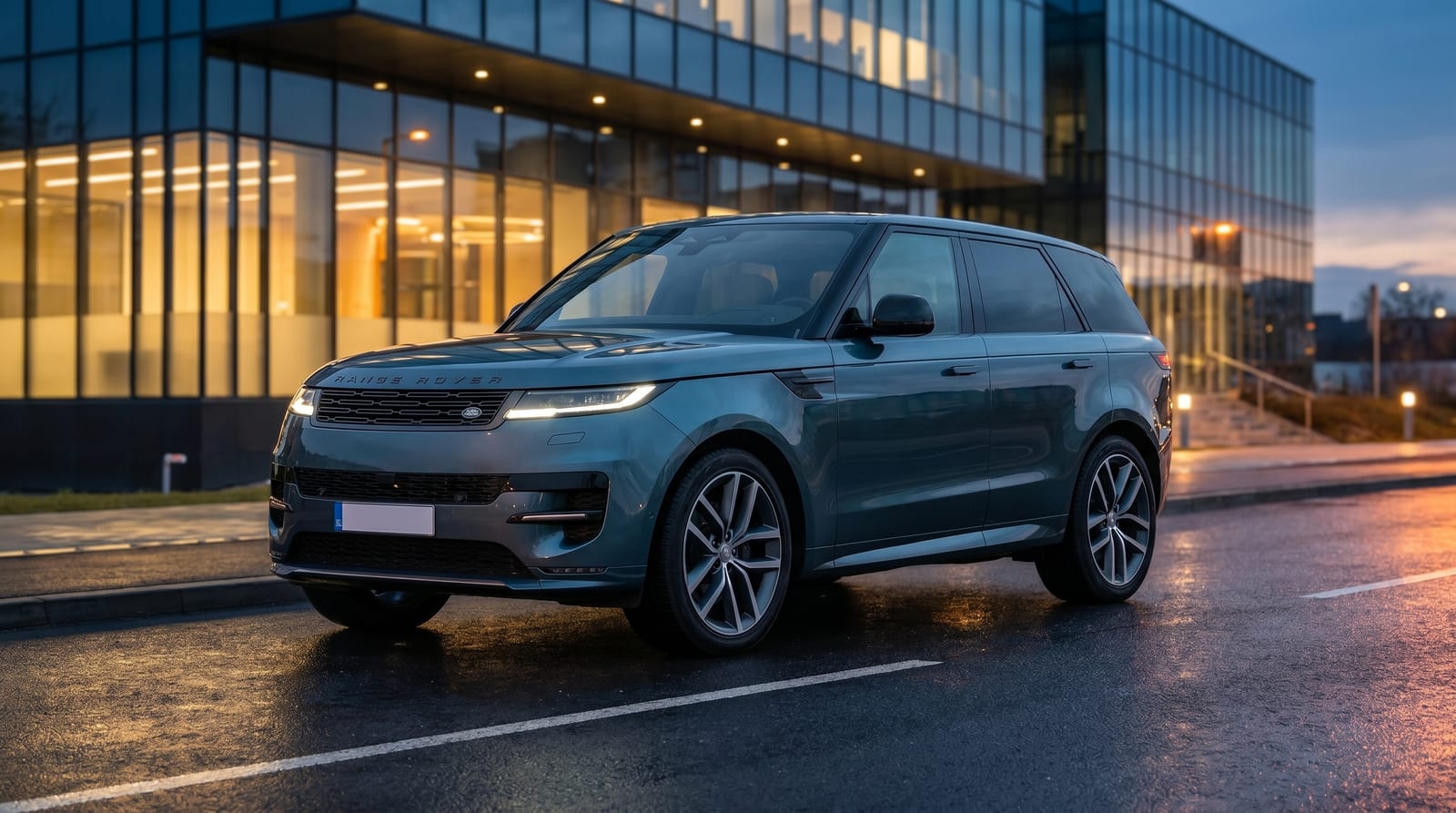Range Rover Sport, vedere din lateral-față, pe un drum panoramic la apus