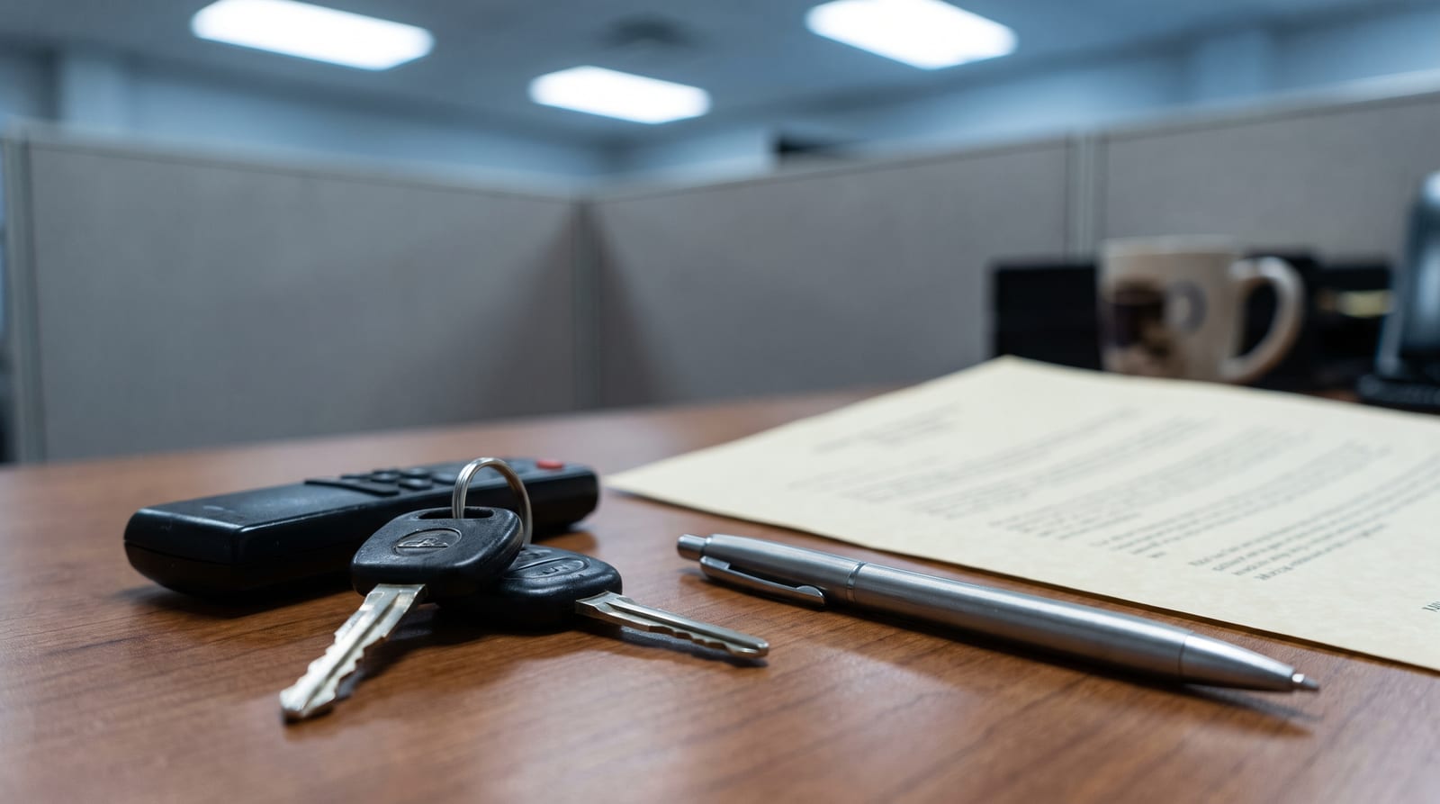 Document de poliță de asigurare auto și chei de mașină pe o masă, lumină rece de birou