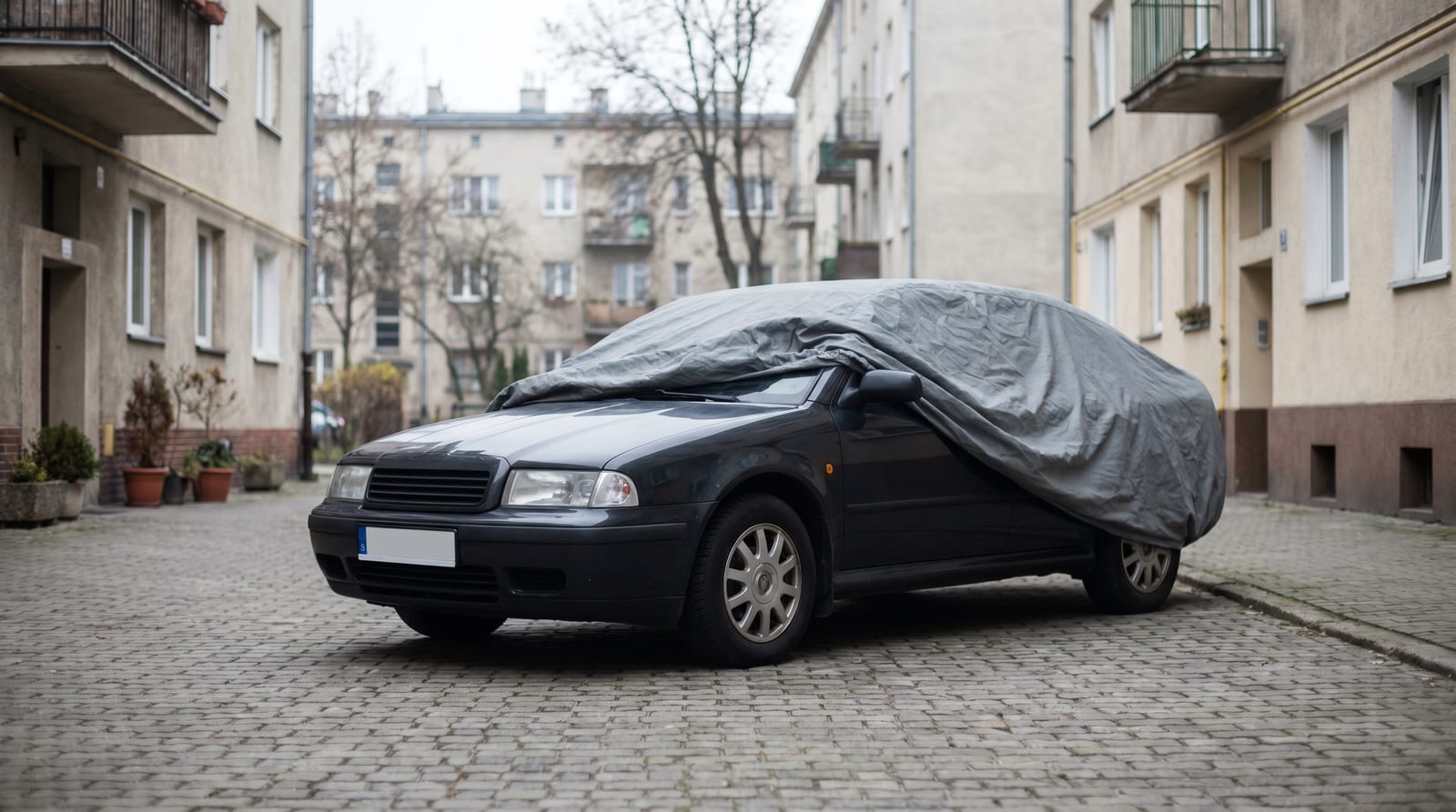Mașină parcată sub o husă pe jumătate trasă, într-o curte, simbol pentru asigurarea pe perioadă scurtă