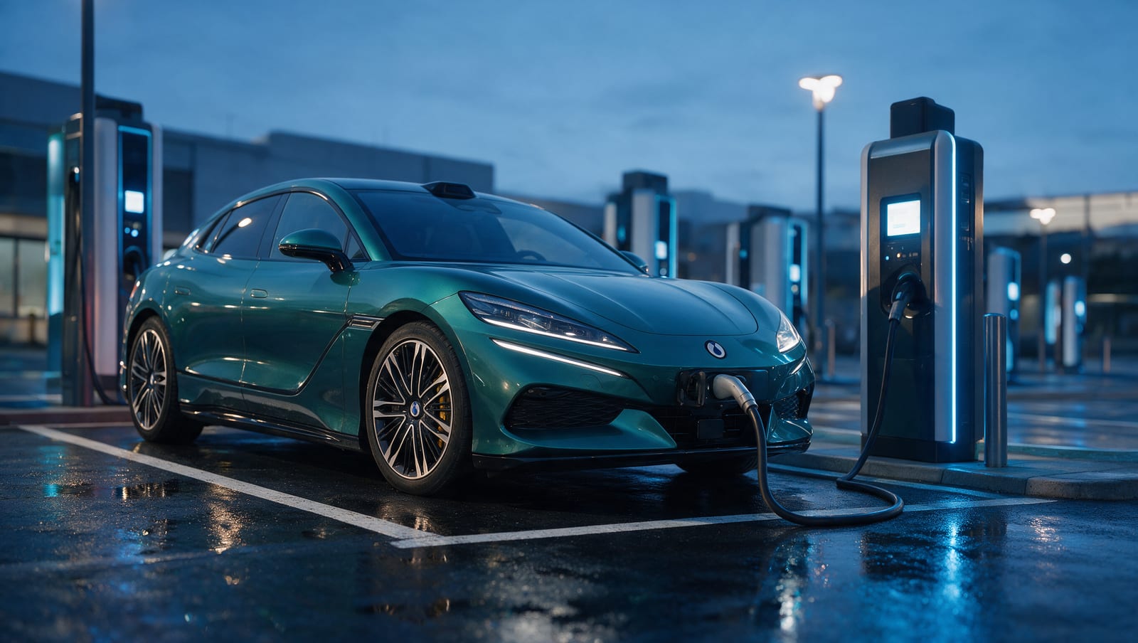 Break electric de lux, verde, conectat la o stație de încărcare ultrarapidă la ora albastră, pe asfalt ud, într-un hub cu mai multe stații