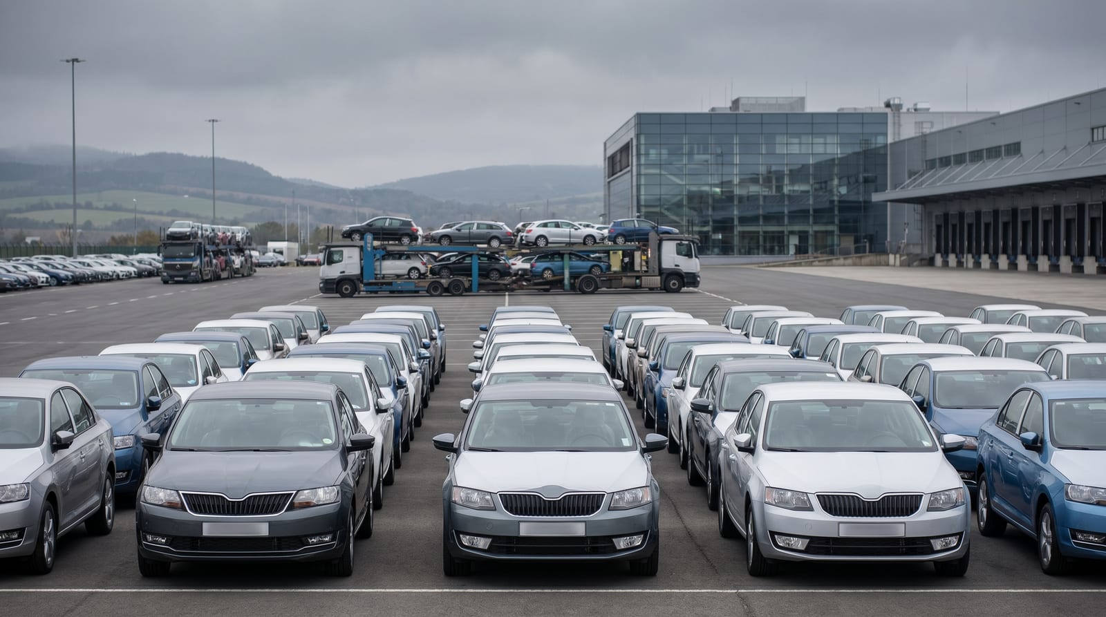 Rânduri de mașini aliniate într-un terminal logistic auto din Europa, cu camioane de transport în fundal