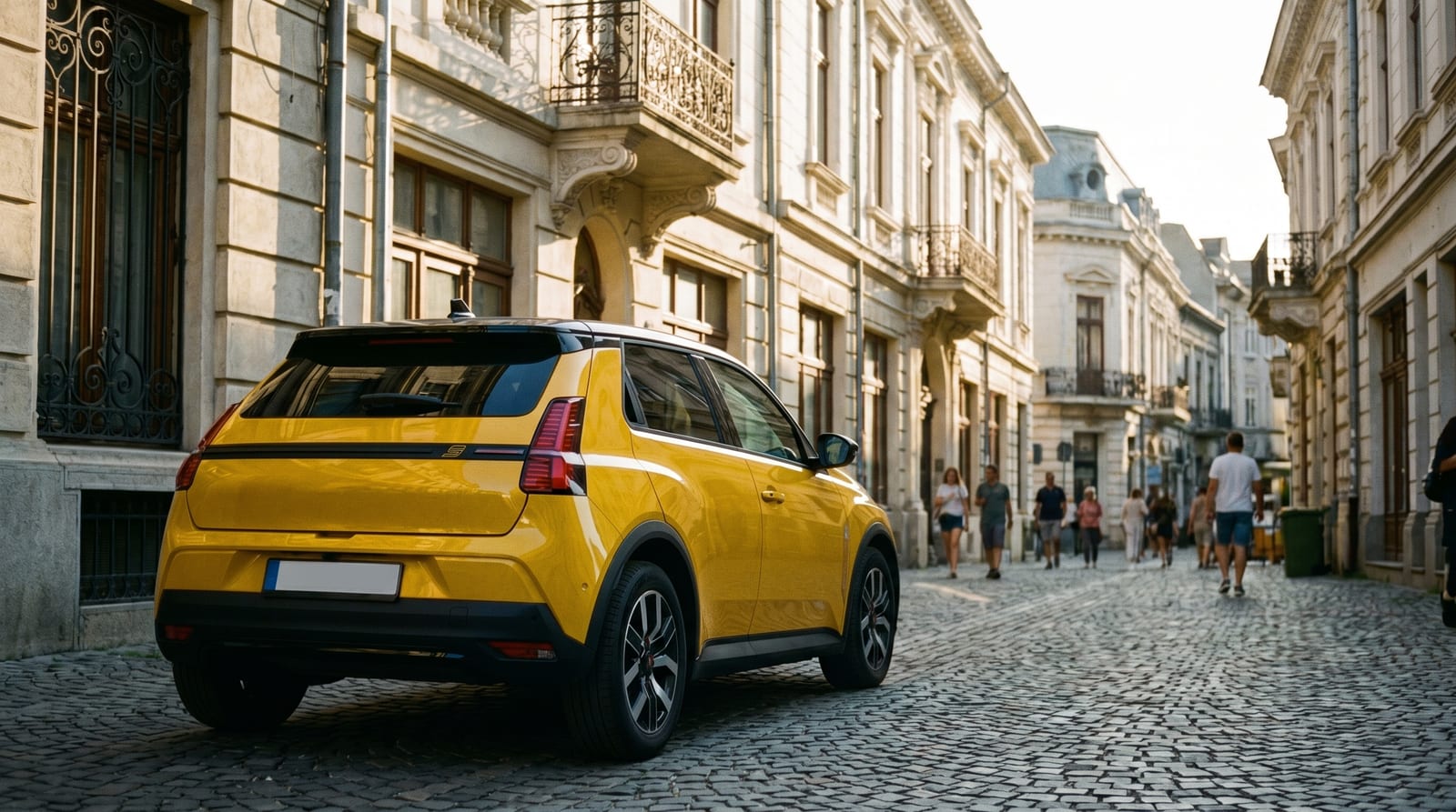 Modelul electric galben Renault 5 E-Tech parcat pe o alee din Centrul Vechi al Bucureștiului
