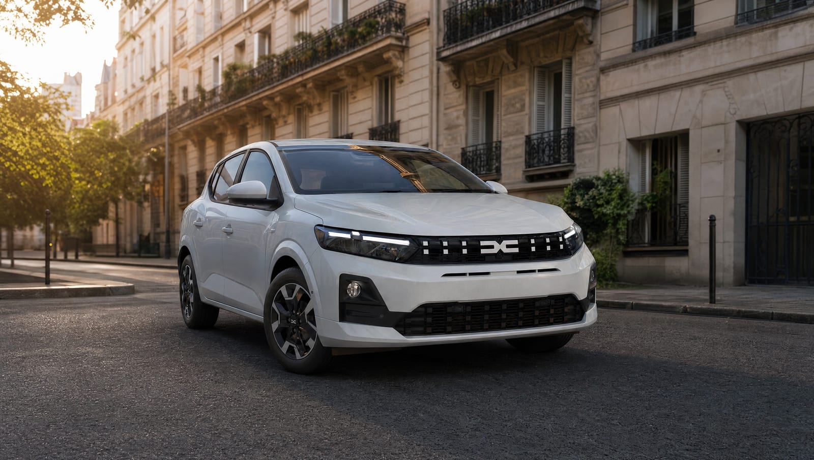 Dacia Sandero albă parcată pe o stradă europeană cu clădiri clasice, în lumina caldă a dimineții