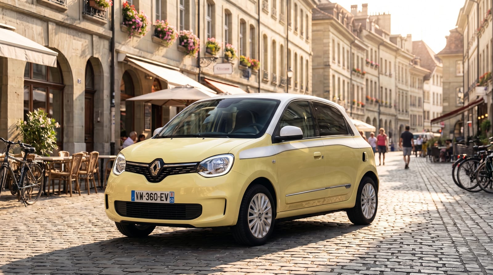 Renault Twingo E-Tech electric în nuanță vie, parcat pe o stradă urbană cochetă din Europa de Est