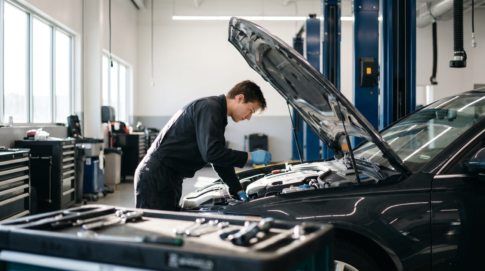 Mecanic lucrând la motorul unei mașini într-un service