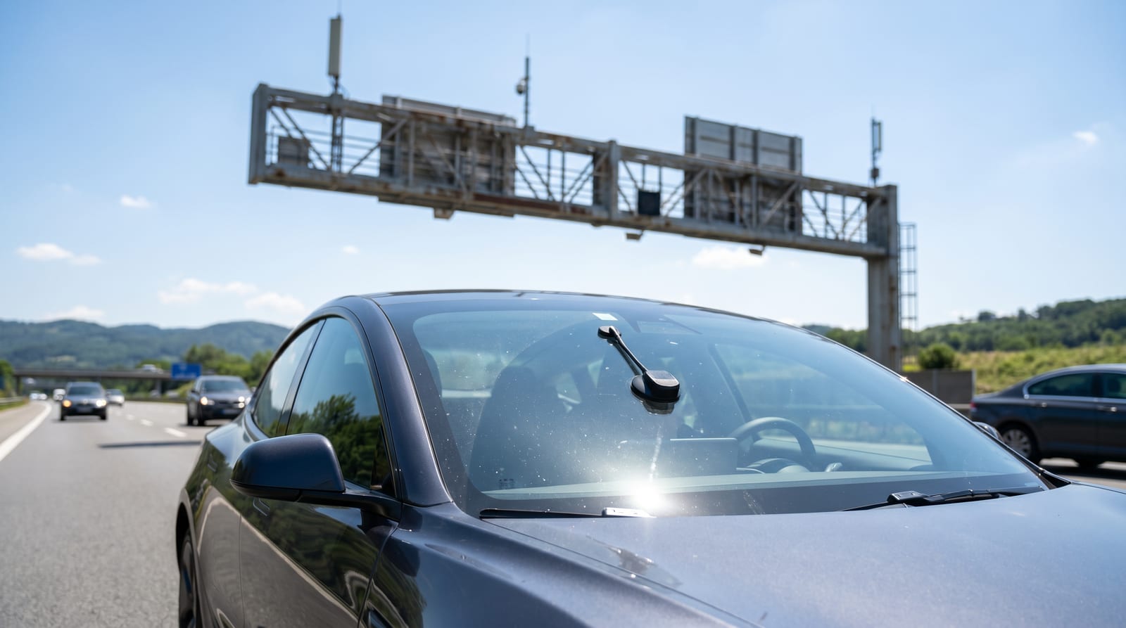 O mașină modernă trecând pe sub un portal electronic de taxare pe autostradă