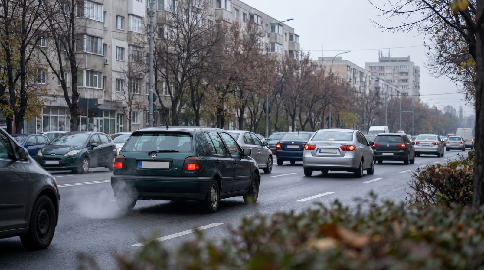 Trafic de dimineață pe un bulevard cu blocuri din București, cu abur de eșapament vizibil în spatele unui hatchback mai vechi