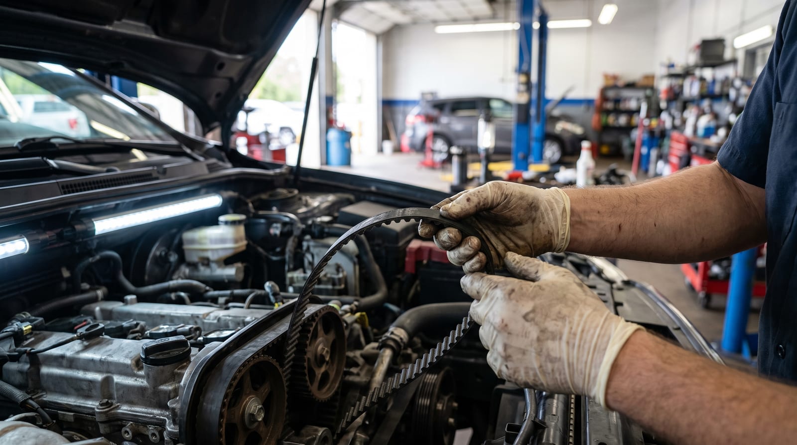 Mecanic care verifică cureaua dințată de distribuție într-un compartiment motor deschis, în atelier