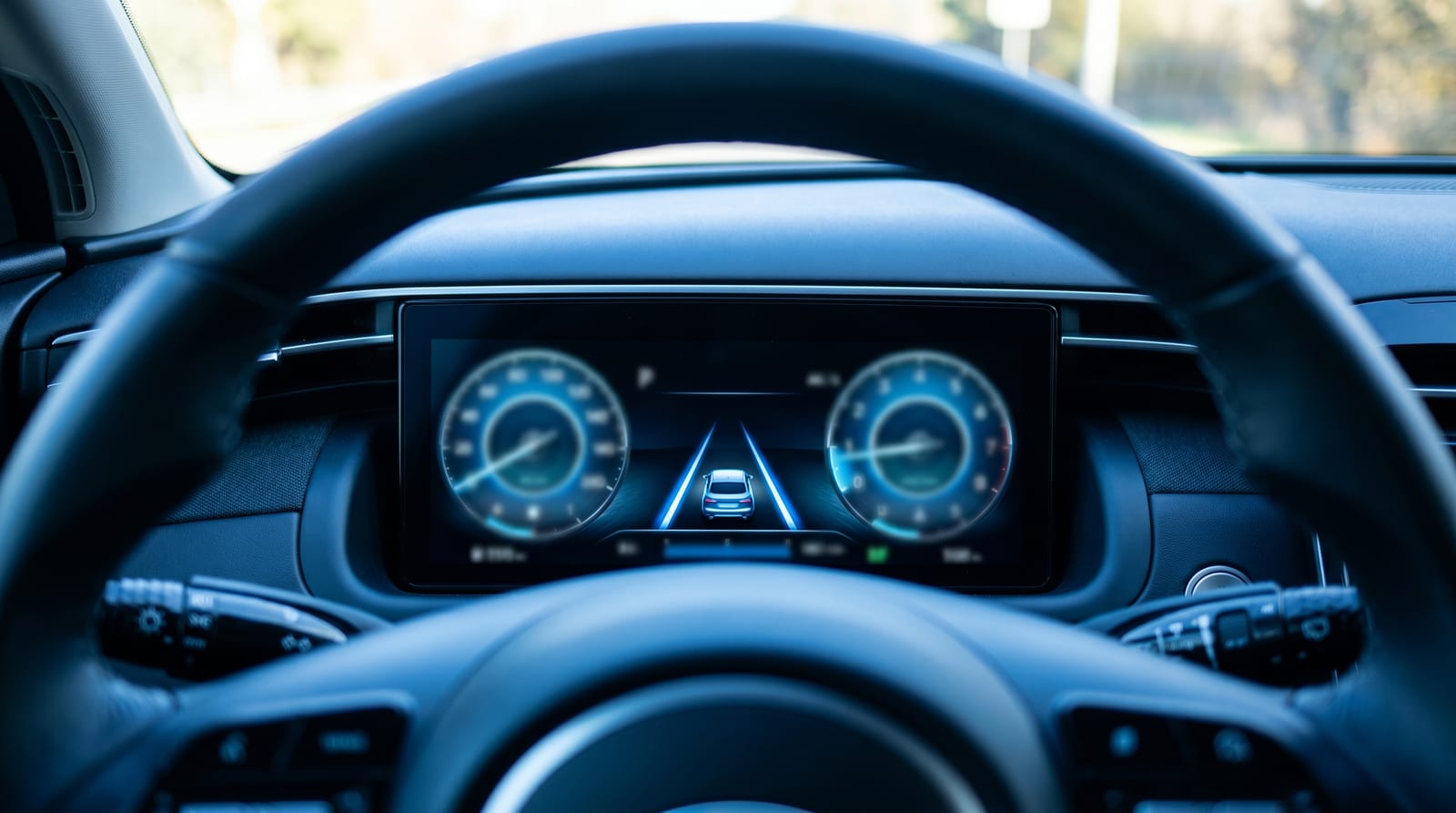 Tabloul de bord digital al unei mașini afișează asistentul de bandă și mașina din față în timpul mersului