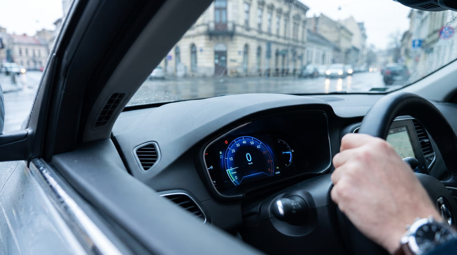 Ceas de bord digital cu vitezometru și indicator de putere, mâna unui șofer începător pe volan, stradă urbană în fundal