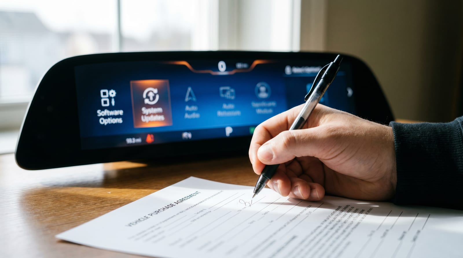 O mână care semnează un contract de achiziție auto pe o masă luminoasă, în fundal fiind vizibil ecranul digital al mașinii cu opțiuni software și update-uri