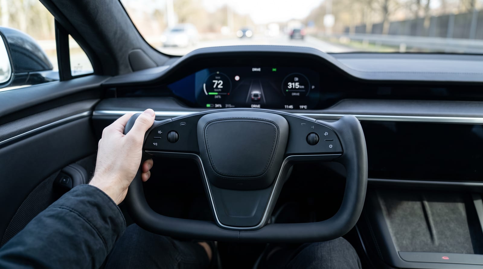 Volan cu partea superioară tăiată, ținut cu o mână, într-o mașină electrică premium, cu ecranul de bord aprins în spatele lui