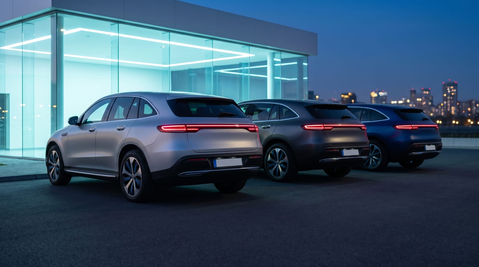 Trei SUV-uri moderne fără embleme, văzute din spate la ora albastră, în fața unui showroom cu vitrine luminate, cu orașul în fundal