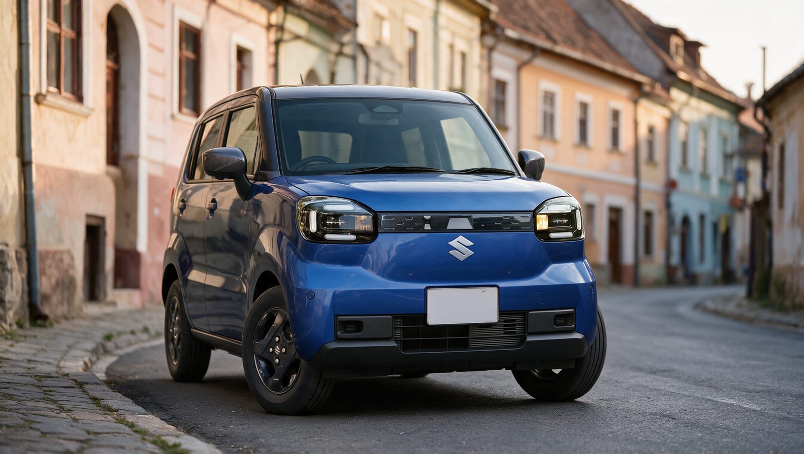 Mașina electrică mică Suzuki e Sky, albastră, pe o stradă cu case colorate dintr-un oraș transilvănean