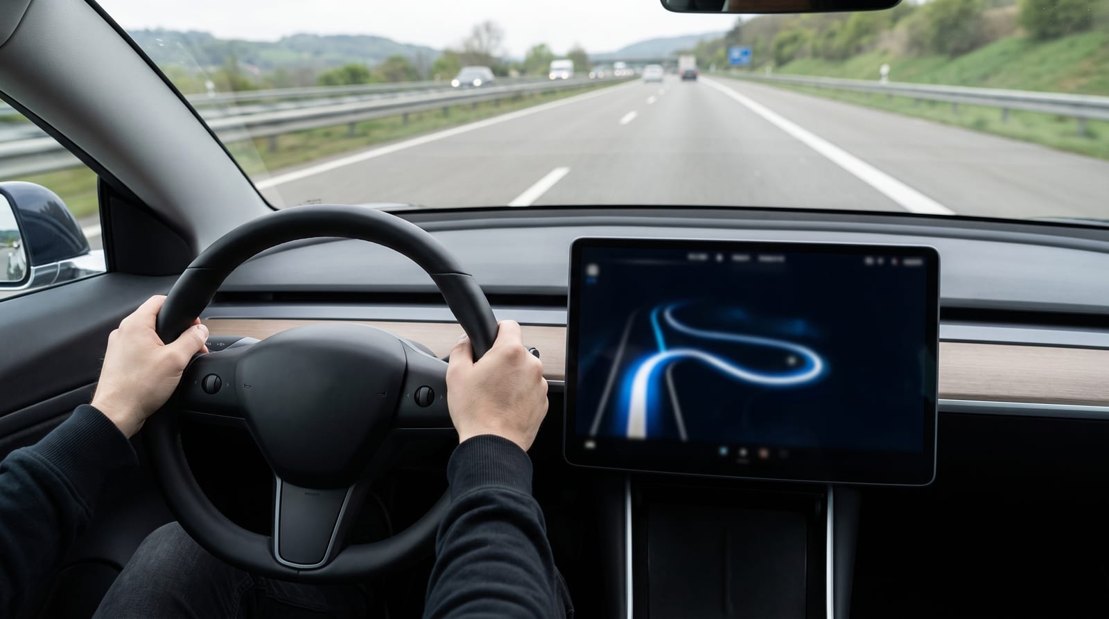 Interiorul unei Tesla pe autostradă, cu volanul și ecranul central aprins, mâinile șoferului aproape de volan, lumină de zi