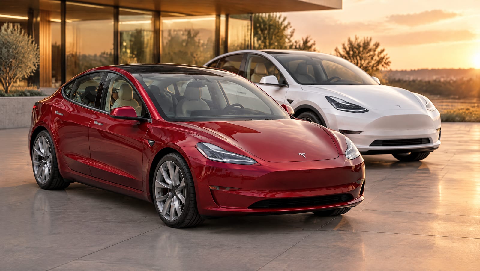 Tesla Model 3 roșie în prim-plan și Tesla Model Y albă în spatele ei, sedanul și SUV-ul parcate lângă un showroom la apus