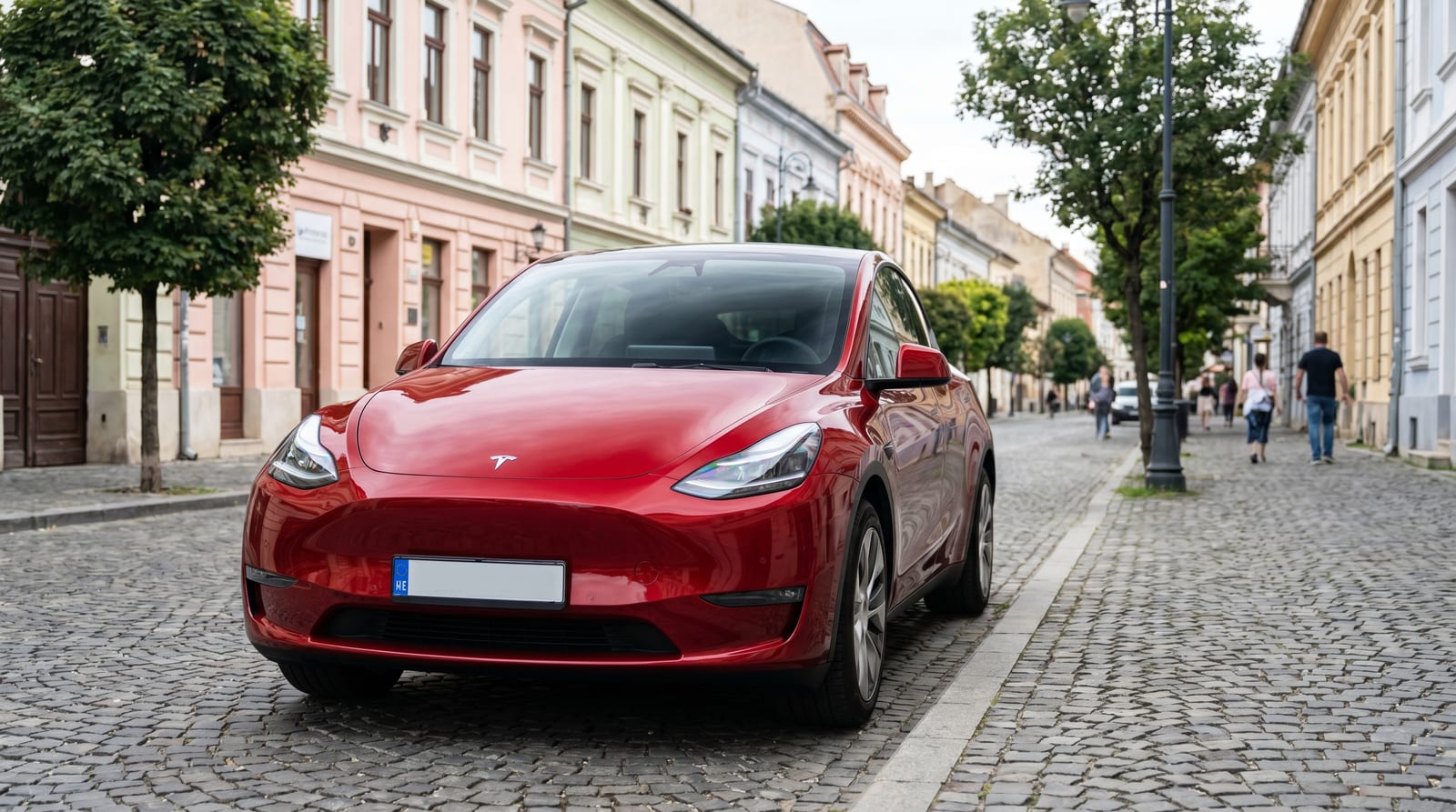 SUV electric roșu Tesla Model Y Juniper parcat pe o alee modernă asfaltată, în lumină naturală