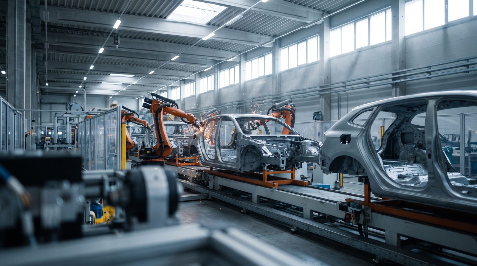 Linie de asamblare auto modernă, cu caroserii pe conveior sub lumină industrială rece