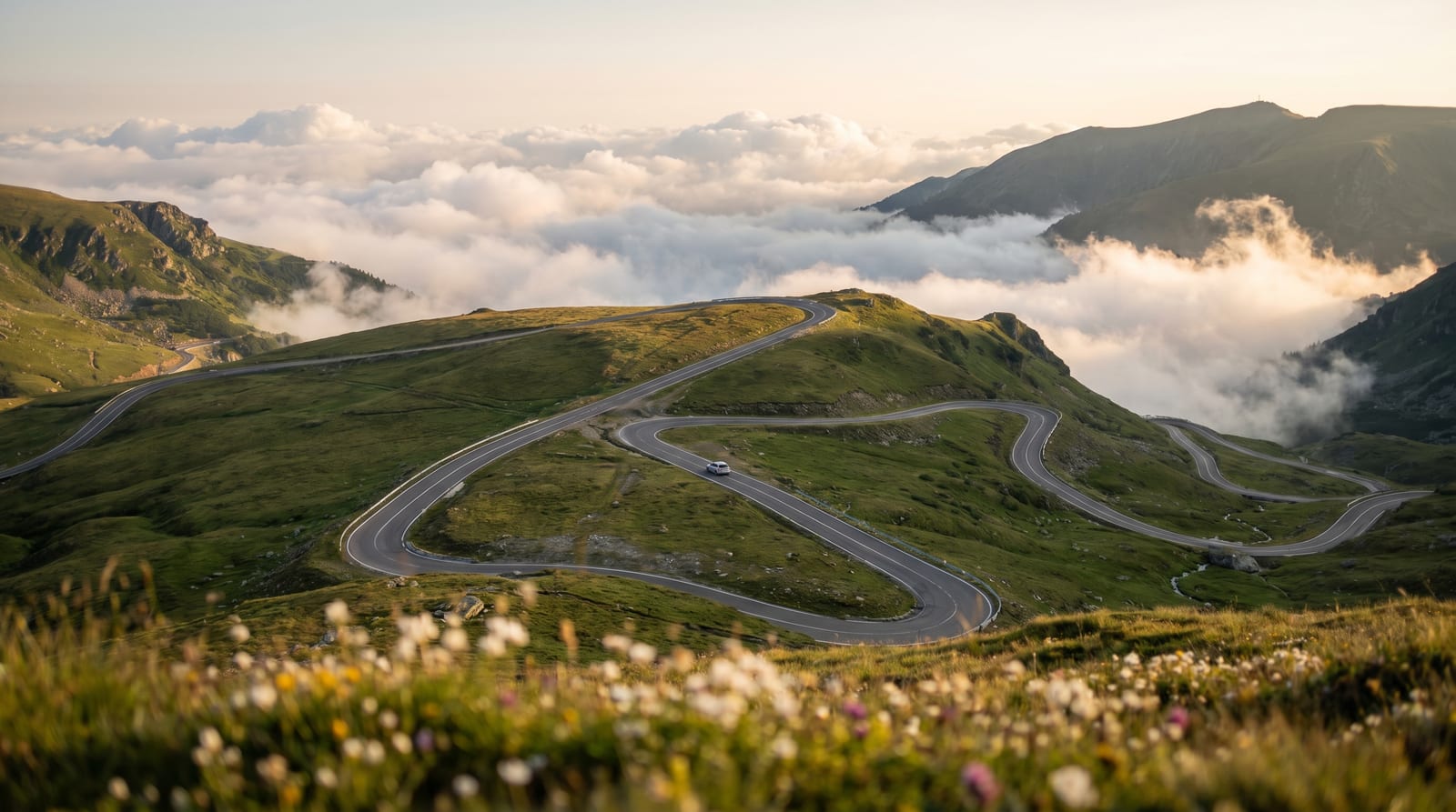 Serpentinele Transalpinei deasupra limitei pădurii, cu o mașină singură pe drum și nori sub crestele Parângului