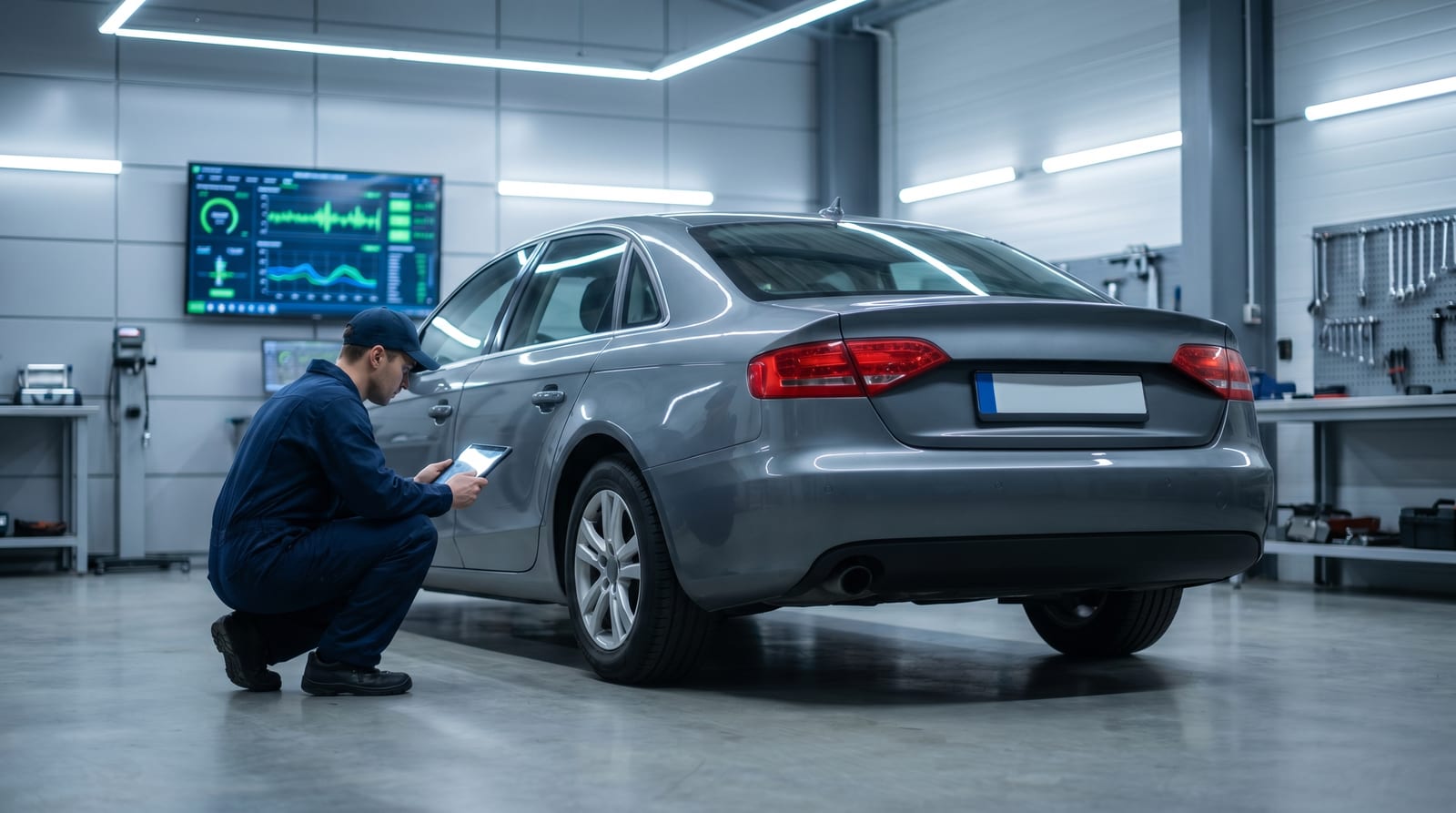 Tehnician cu o tabletă inspectând o mașină gri într-o stație modernă de inspecție tehnică
