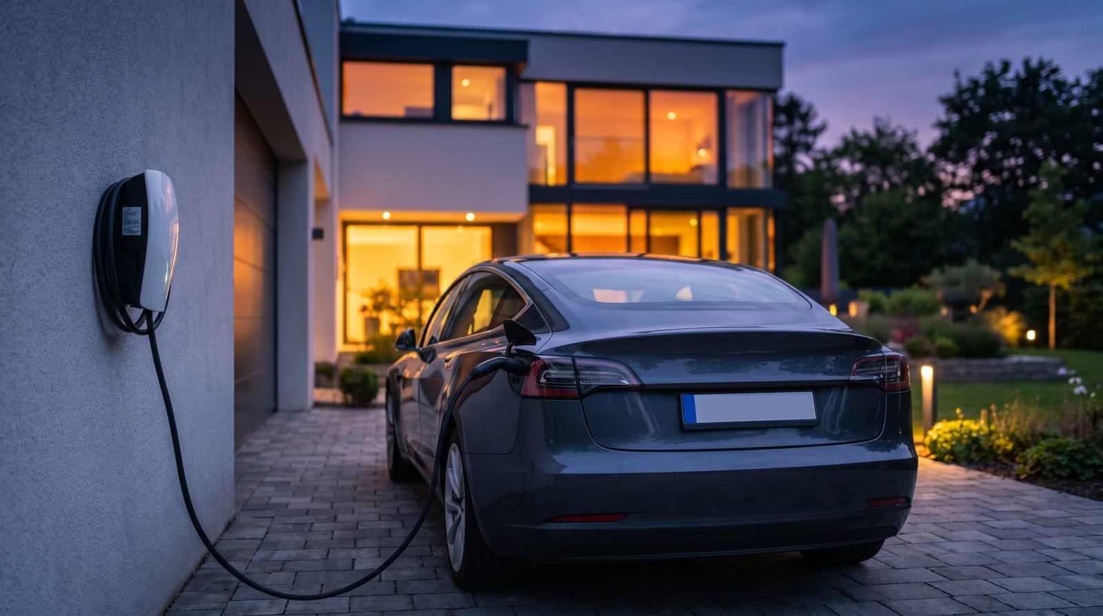 Mașină electrică conectată la un wallbox de perete lângă o casă, seara, lumină rece